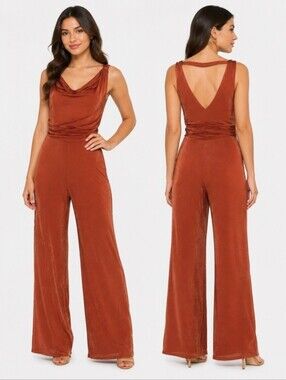 Anthropologie Maeve‎ NWT Metallic Jumpsuit Burnt Orange Draped Neck Wide Leg S